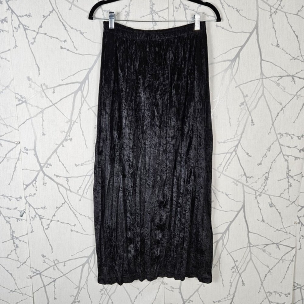 Au Cotton Black Crushed Velvet Elastic Waist Midi Pencil Skirt